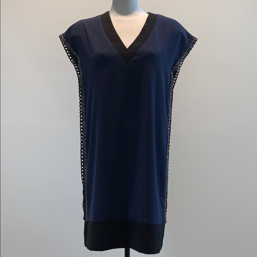 Elegant Navy Midi Dress with Embroidered Trim